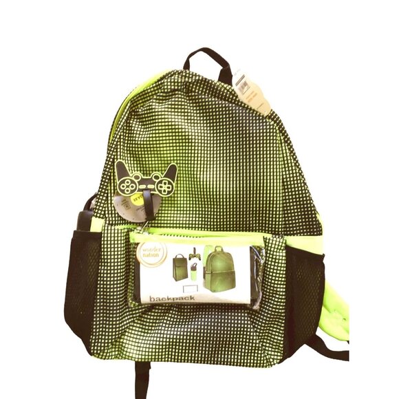 Neon Green Black Gridlock 5 Piece Backpack Set Lunch Bag Water Bottle SC200 - Picture 1 of 3